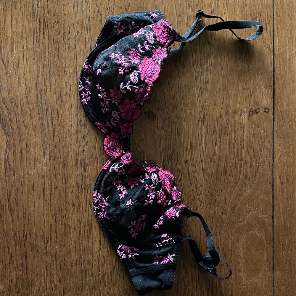 Black and Pink Floral Bra